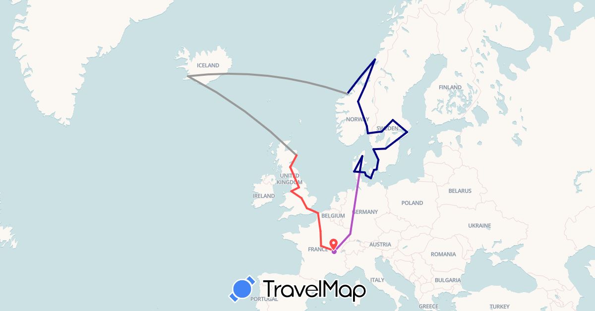 TravelMap itinerary: driving, plane, train, hiking in Denmark, France, United Kingdom, Iceland, Norway, Sweden (Europe)